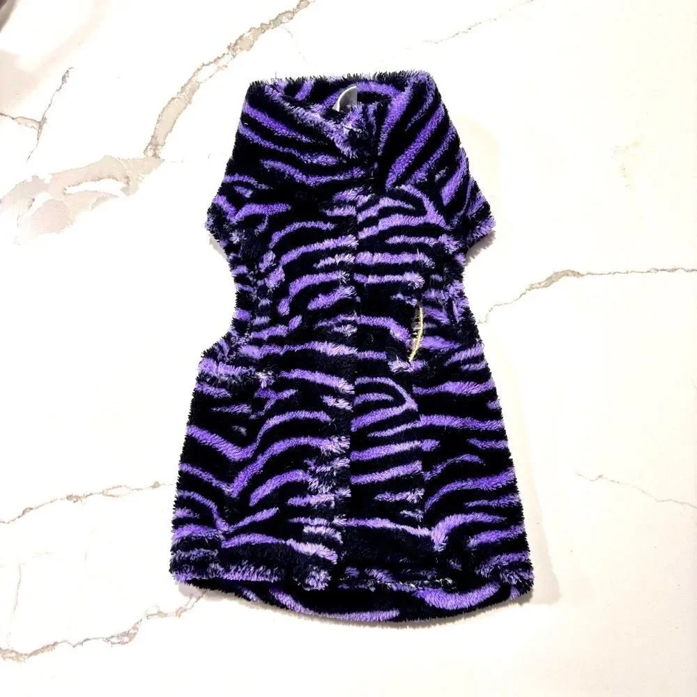Fleece Dog Coat Jacket Sequins Peace Sign Tiger Striped Purple Black Gold Size S